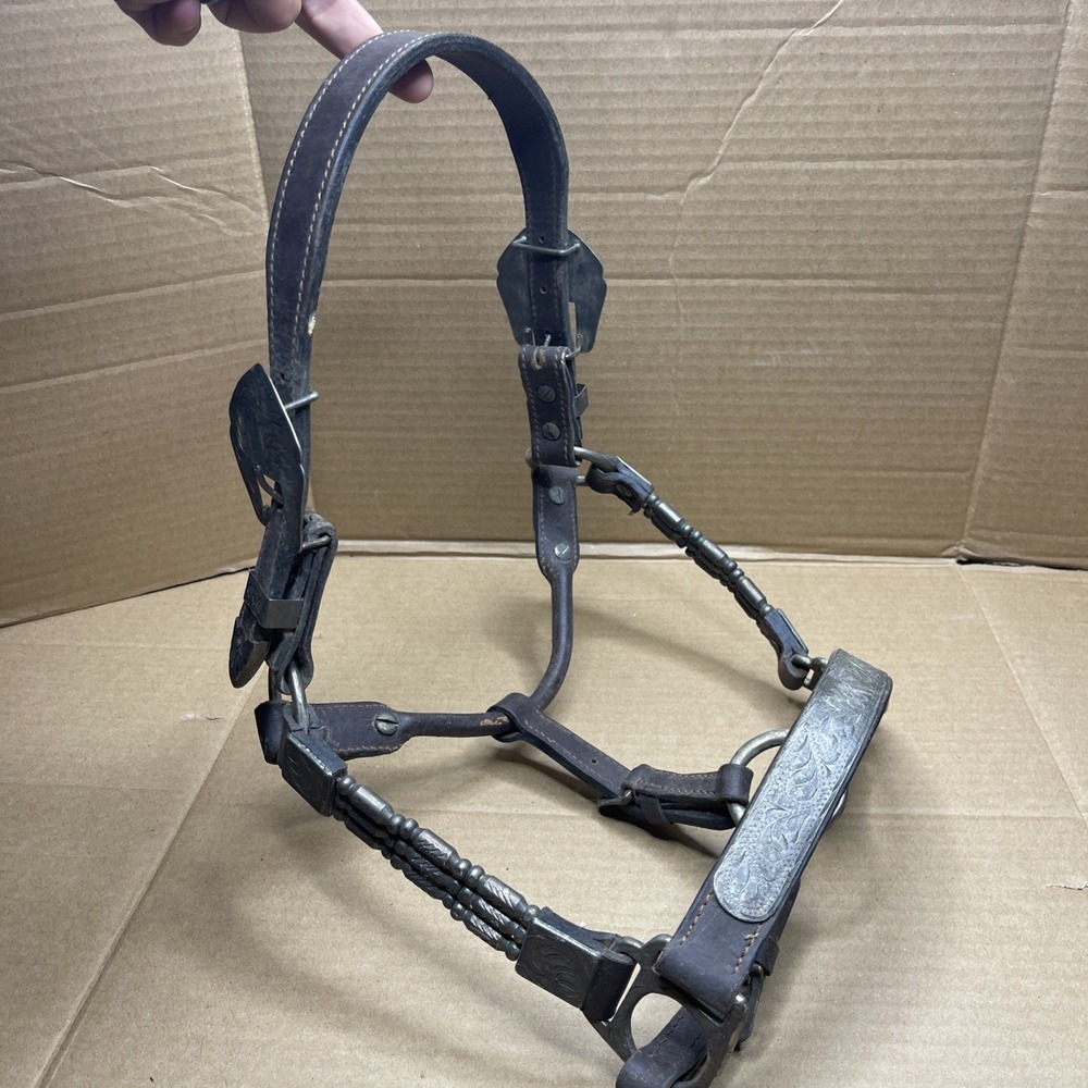 Vintage Western Silver Overlay Horse Halter Engraved Leather Show Bridle Tack